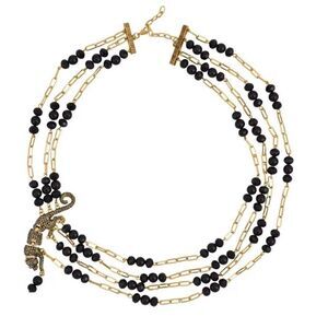Simulated Black Pearl Multi Gemstone Paper Clip Chain Necklace With Leopard Char